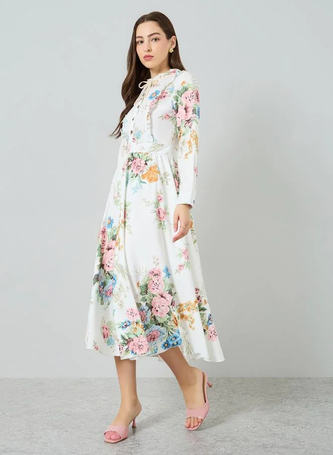Take Two white floral Women Floral Printed Ruffled Trim Front Midi Dress for Women | Best Price UAE